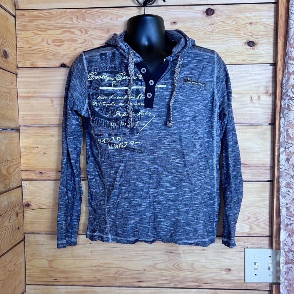 Henley Hoodie Mens Small Black Grey Space Dye Graphic Pullover‎ Private Member